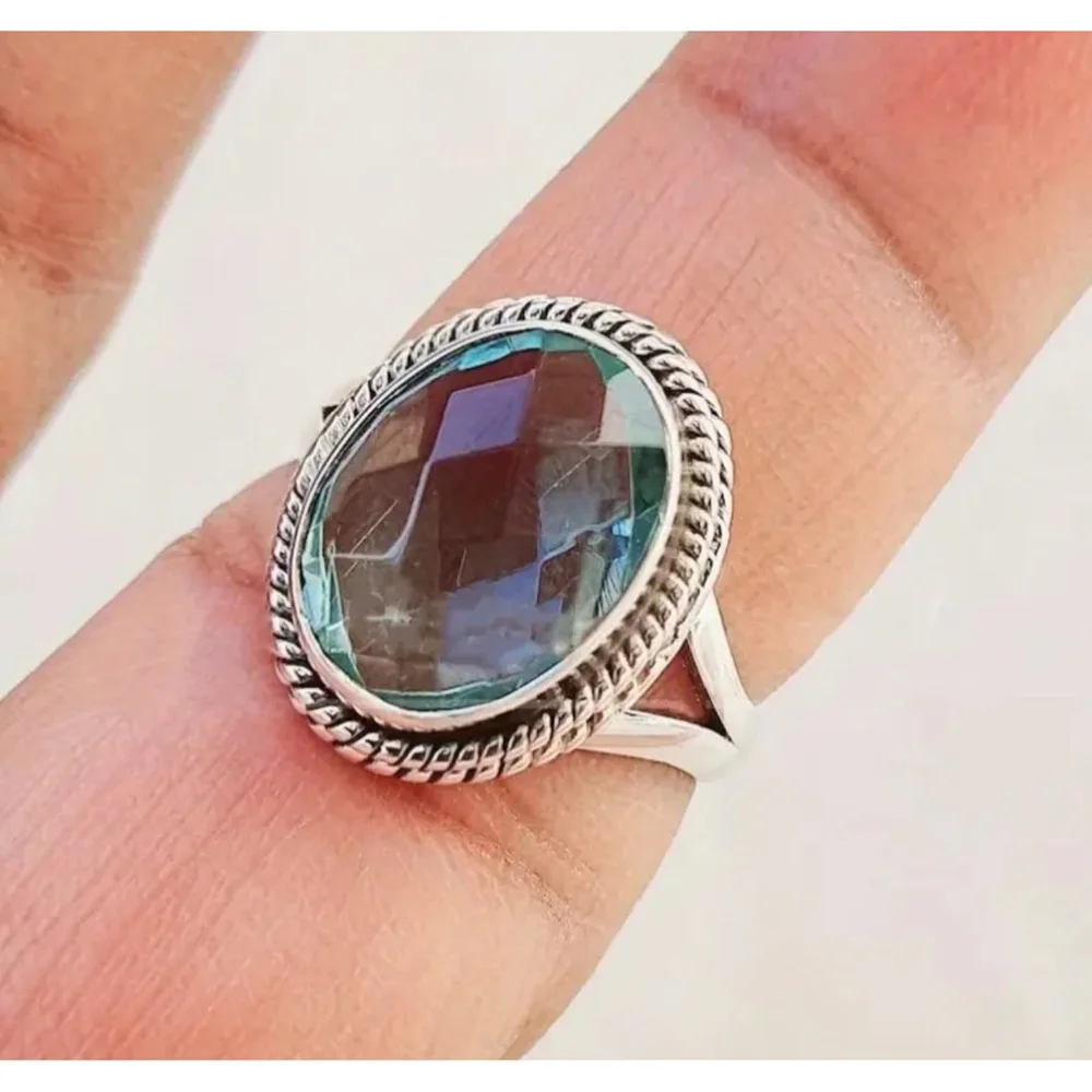 Oval Ocean Blue Zircon Silver Ring